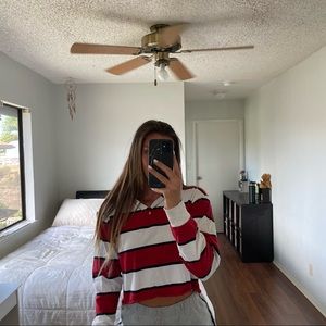 Brandy Melville Collared Long Sleeve Crop - Red/White Striped